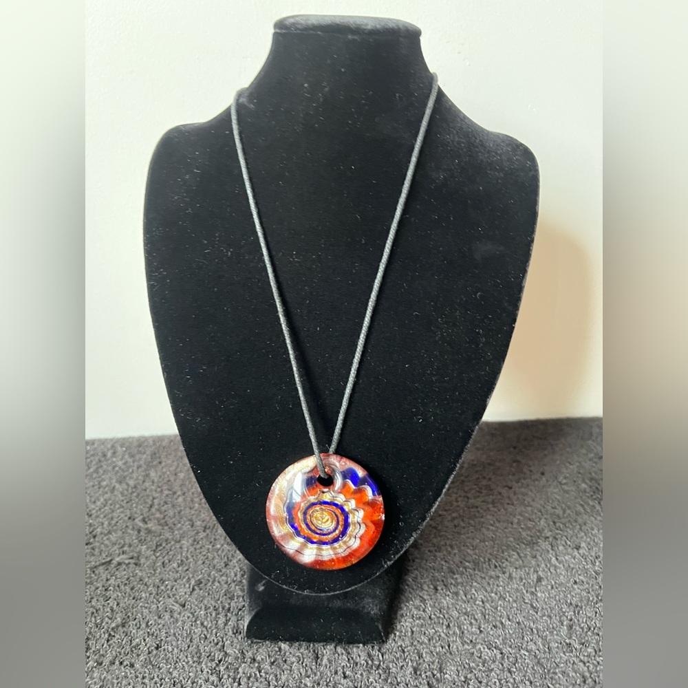 Multi Color Spiral Design Round Glass Pendant on Black Fabric Cord
